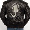 A Men Wearing Drive Scorpion Black Bomber Jacket with White Logo