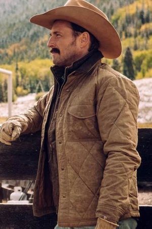 American actor Josh Lucas Wearing Brown Quilted Jacket In Yellowstone Young as John Dutton