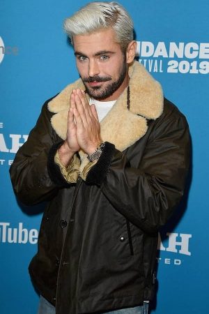 American Actor Zachary David Alexander Efron Wearing Deep Green Fur Collar Satin Jacket