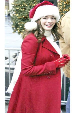 Anne Hathaway Wearing Red Wool Coat at Christmas