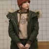 Actress Anna Kendrick Wearing Green Puffer Hooded Jacket In Love Life as Darby