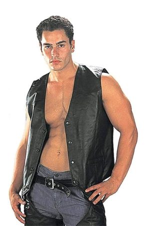 A Men Wearing Classic Black Leather Vest