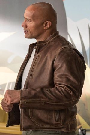 Actor Dwayne Johnson Wearing Brown Leather Jacket In Rampage as Davis Okoye