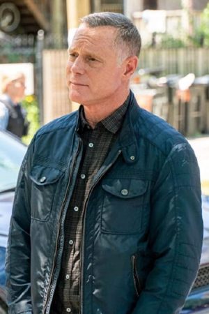 Jason Beghe Wearing Blue Leather Jacket