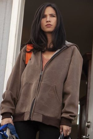 Actress Kelsey Asbille Wearing Brown Hoodie Jacket In Yellowstone as Monica Dutton