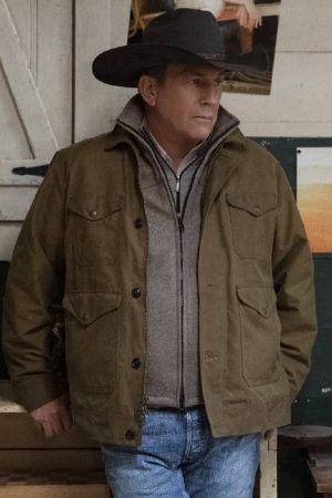 Actor Kevin Costner Wearing Green Cotton Jacket In The Yellowstone TV Series as John Dutton