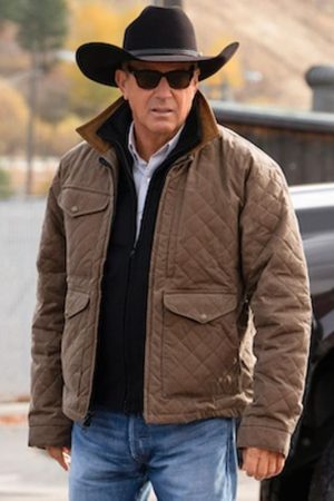 Actor Kevin Costner Wearing Brown Quilted Jacket In Yellowstone Season 4 as John Dutton