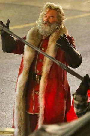 Kurt Russell Wearing Red Leather fur Coat In The Christmas Chronicles Part Two as Santa Claus Costume