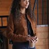 Canadian-American Actress Kylie Bunbury Wearing Brown Leather Jacket In Big Sky TV Series