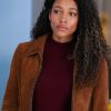 Actor Kylie Bunbury Wearing Brown Suede Leather Jacket In Big Sky TV Series as Cassie Dewell