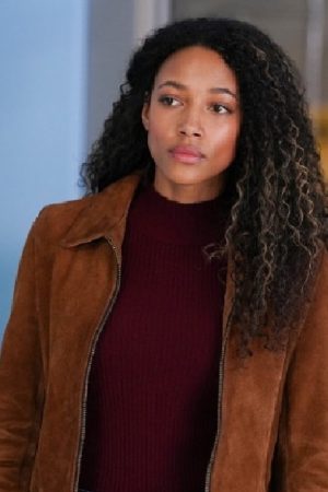 Actor Kylie Bunbury Wearing Brown Suede Leather Jacket In Big Sky TV Series as Cassie Dewell