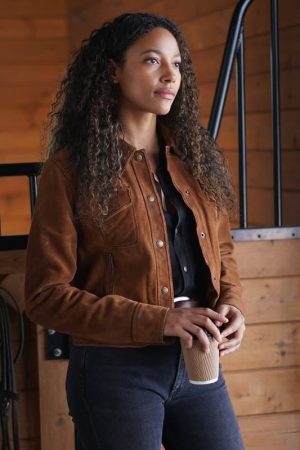 Canadian-American Actress Kylie Bunbury Wearing Brown Leather Jacket In Big Sky TV Series