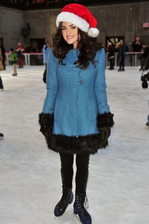 American Actress Lucy Hale Wearing Blue Denim Coat