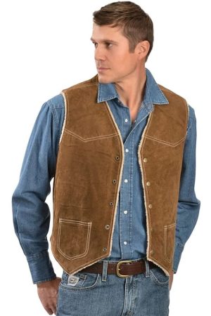 A Men WEaring Classic Brown Suede Leather Vest