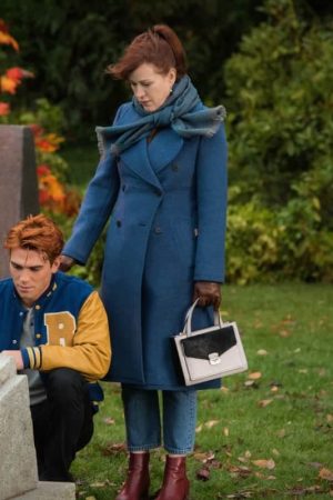 Actress Molly Ringwald Wearing Blue Wool Coat In Riverdale as Mary Andrews