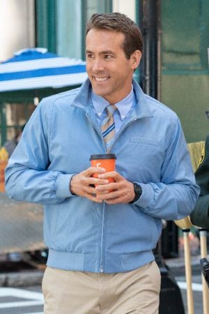 Ryan Reynolds Wearing Blue Jacket In Action Adventure Movie Free Guy