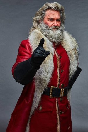 Actor Kurt Russell Wearing Red Leather shearling fur Coat In Film The Christmas Chronicles Part Two as Santa Claus