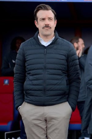 Actor Jason Sudeikis Wearing Puffer Jacket In Ted Lasso Film