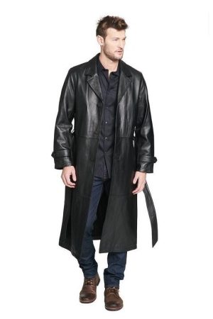 A Men Wearing Black Leather Trench The Huntsman Coat