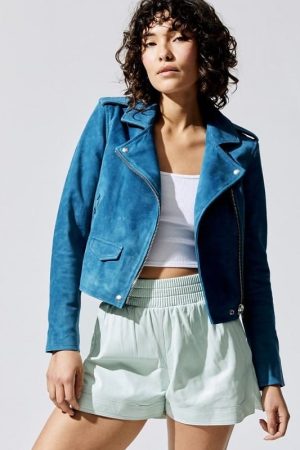 A Young Women Wearing Moto Style Suede Leather Blue Jacket
