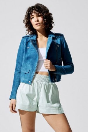 Women Wearing Moto Style Suede Leather Blue Jacket