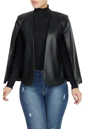 A Young Women Wearing Open Front Black Leather Cape Blazer