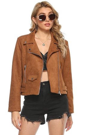 A Young Ladies Wearing Brown Leather Fashion Jacket