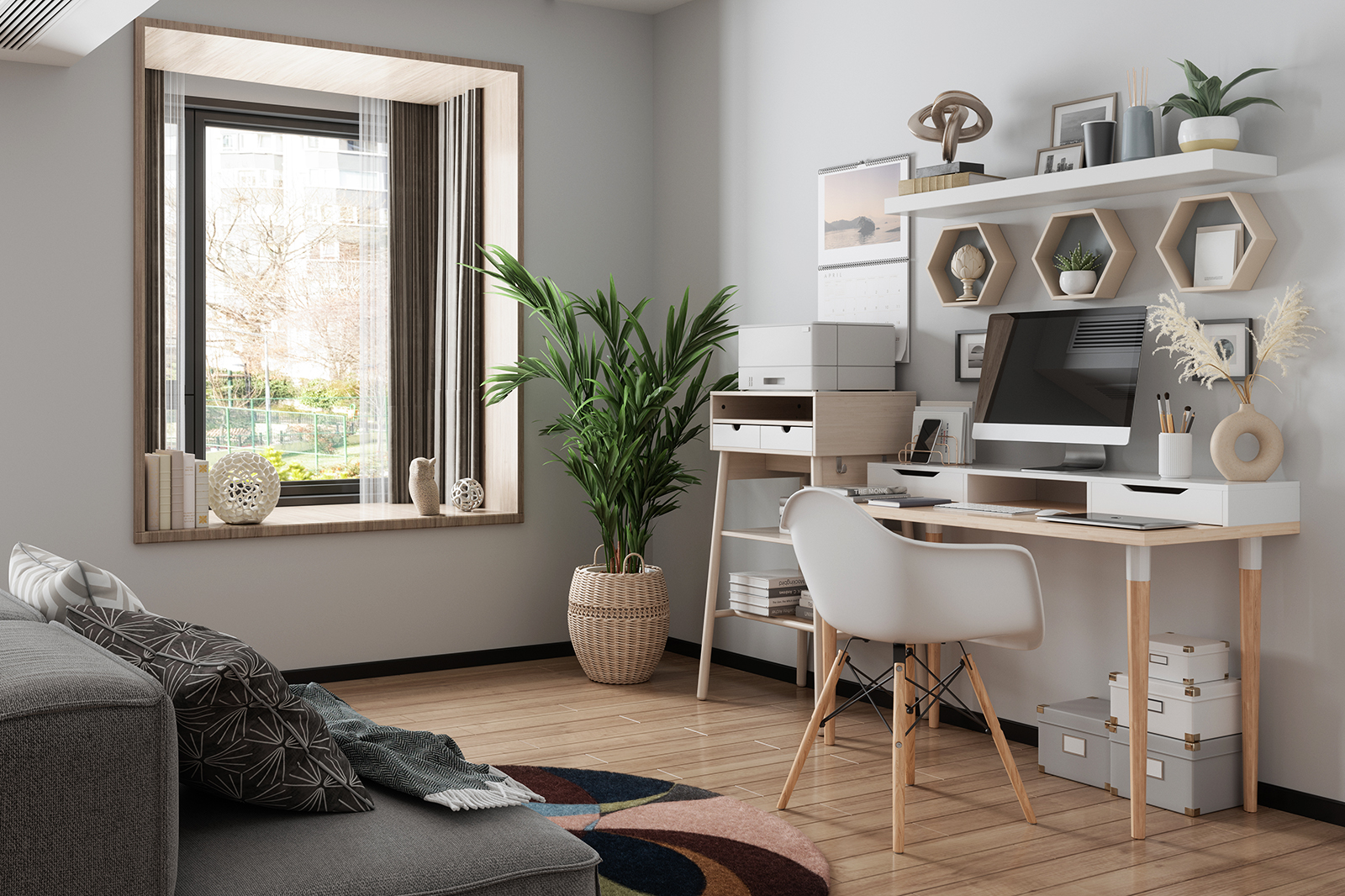 Working At Home. Home Office Interior With Wooden Table, Blank Screen Monitor, Gray Color Sofa And Garden View From The Window.