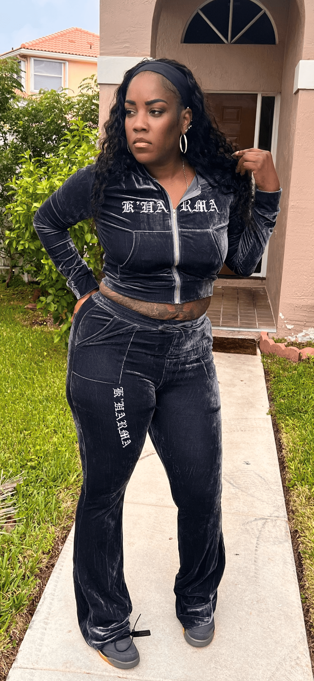 Gray Velvet crop top long length K’harma jogging suit